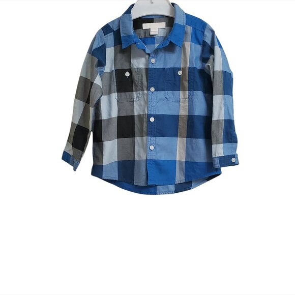 Burberry Toddler Boy Button Down Shirt 18 Months Long Sleeve Plaid Blue Cotton - Picture 1 of 12